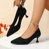 Tacones Altos Elegantes No Cansan Punta Fina Estilo Nuevo Boca Baja Zapatos de Trabajo Gamuza Negra Entrevista Profesional Trabajo Zapatos Individuales Versátiles