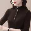 2025 Camada Base de Veludo Dupla Face Quente de Inverno Nova Slim-Fit Botão Gola Meio Aberta Versátil Cor Sólida Top para Mãe