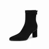 Botas Finas de Camurça para Mulheres, Botas Curtas Elásticas, Novo Estilo Coreano para Outono e Inverno, Botas de Salto Alto Bloco com Zíper na Parte de Trás, Botas Elásticas Femininas, Botas de Cano Curto, Tamanho 42