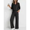 2026 Ropa europea y americana para mujer transfronteriza Amazon moda ropa deportiva color liso cuello en V manga larga sudadera conjunto de pantalones casuales