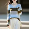 Suéter de Tricô Fino de Lã com Gola V 2026 Outono/Inverno Novo Feminino Manga Longa Blocos de Cor Solto Pulôver Base