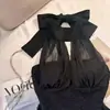 88889 Estilo Chica Caliente Delgado Moderno Sexy Malla con Cordones Halter Crop Top para Mujer Negro Espalda Descubierta Bandeau