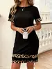 Vestido Negro Pequeño Bodycon Ajustado con Estampado de Leopardo y Patchwork de Manga Larga para Mujer, Transfronterizo Europeo y Americano, Otoño e Invierno 2025