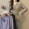 Camiseta de Manga Larga con Cuello en V y Canalé Elegante para Mujer Tallas Grandes, Nueva de Otoño/Invierno, Corte Delgado, Favorecedora y Versátil