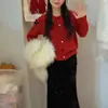 Nuevo Suéter de Punto de Cuello Redondo Suave y Cera Redondo con Lazo Chic, Perla, de un Solo Botón, Versátil, Estilo Occidental, Cárdigan Pequeño para Mujer