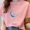 Nova camiseta de algodão puro com modelagem solta e mangas curtas para mulheres, para usar no verão, nova blusa estilosa com estampa, gola redonda, adequada para primavera e outono