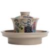 Tazón de té retro grande individual de Xi le gaiwan de color gris hierba y madera, tazón de té kung fu, tazón de té gaiwan de tres piezas sin quemaduras
