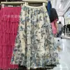 Falda de Malla Romántica Francesa para Mujer Verano Cintura Elástica Flor Estéreo Falda Larga de Línea A Hermosa