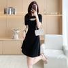 Vestido Negro Pequeño de Seda Helada Estilo Hepburn para Mujer, Verano 2026 Inspirado en Chanel de Color Sólido, Falda en A, con Pedrería, Manga Corta, Vestido de Punto