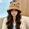 Sombrero de pescador de otoño e invierno para mujer, con orejas de oso y pompón, un sombrero de peluche lindo y suave, cálido y forrado de polar, engrosado para mayor calidez, también disponible para hombre