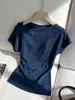 Camiseta Azul Asimétrica de Hombro Manga Corta para Mujer, Estilo Coreano de Verano, Única y Muy Atractiva, Ceñida a la Cintura, Adelgazante, Corta, Top sin Hombros
