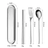 Set de Vajilla Portátil de Acero Inoxidable 304 Set de Cuchara y Palillos para Estudiantes Caja de Almacenamiento de Acero Inoxidable Cuchara, Tenedor y Palillos para Exteriores