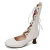 Sapatos Femininos Transfronteiriços Comércio Exterior Amazon Dropshipping Botas Femininas Cano Médio Cadarço Primavera e Outono Bico Redondo Salto Médio Botas de Moda Tamanho Grande Comércio Exterior