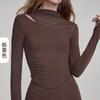 Malla hueca para yoga, ropa de manga larga para mujer, cinturón con almohadilla para el pecho, top deportivo plisado para pilates, deportes, running, fitness, manga larga