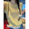 Top de Verano de Lino Perlado con Cuello Redondo de Punto de Manga Corta para Mujer, Transpirable, Texturizado, Ajustado, Estilo Suave, Versátil para el Trabajo