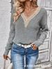 Top para Mujer de Estación Independiente Europea y Americana Transfronteriza, Suéter Pulóver de Contraste con Encaje y Cuello en V, Camiseta Base Casual