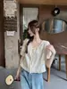 Foto Real de Blusa Redonda con Bordado y Ribete de Encaje para Mujer, Estilo Coreano, Corte Holgado, Adelgazante, Top con Mangas Abullonadas y Lazos 13073