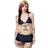 Traje de baño Y2K Estilo Universitario Punk Oscuro, Triángulo con Cuello Halter y Falda Corta con Pantalón Corto, Estampado de Calavera a Cuadros, Estilo Chica Sexy Caliente