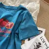 Recomendado por Blogger: Camiseta de Manga Corta para Mujer con Estética Americana Estilo Vintage, Textura Desgastada, Coordinación de Colores, Cuello Redondo, Amigable con la Piel