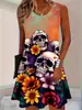 Vestido sin mangas con estampado de rosas y murciélagos de Halloween, estilo tinta oscura, minivestido tipo tank top de corte A holgado con cuello redondo