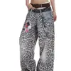 Moda Retro de la Calle Principal Americana Cintura Doble Jeans Casuales Estampado de Leopardo Impresión 3D para Hombre Otoño Pantalones Anchos Largos con Caída