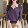 Malha Tricô Feminina Cor Contrastante Gola Falsa Duas Peças Manga Longa Outono 2025 Nova Roupa Básica Elegante de Tricô para Outono e Inverno