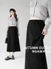 Falda midi de mezcla de lana de maternidad, falda larga de línea A de cintura alta para otoño/invierno, corte holgado, adelgazante, cubre el cuerpo, versátil, disponible en negro y gris