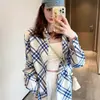 Top de manga larga a cuadros con bloques de color, sentido del diseño, primavera/otoño 2026, para mujer, principios de otoño, holgado, adelgazante, con solapa, camisa versátil