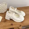 Sapatos Mary Jane Femininos com Laço 2026 Novo Verão Tira Única Preto Com Saia Branco JK Salto Grosso Pequenos Sapatos de Couro