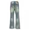 Pantalones de Mezclilla Lavados con Degradado de Campana Estilo Hippie Trendy Punk Retro Arrugados Desgastados Casuales Largos para Hombre