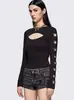 Moda Elegante Nueva de Otoño e Invierno Transfronteriza Europea y Americana Color Sólido Puro Cuello Redondo Aro de Acero Hueco Camiseta de Manga Larga para Mujer Aliexpress Cintura