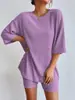 Europeu e Americano Transfronteiriço Novo 2024 Moda Tricô Casual Cor Sólida Verão Gola Redonda Solto Feminino Conjunto de Shorts e Top