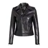 Chaqueta de cuero corta para mujer Haining para motocicleta con cuello de solapa y cremallera diagonal, abrigo versátil de piel de oveja ajustado para otoño e invierno al por mayor