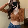 Camiseta Manga Larga Mujer Otoño e Invierno Chicas Calientes Sexy Cuello en V Cruzado Diseño con Sentido Ajustado Corta con Ombligo Descubierto Camiseta Interior Base Top