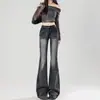 Jeans Lavados de Estilo Americano en Negro y Gris de Cintura Alta para Mujer, Nuevo Modelo Invierno 2025, Corte Delgado, Favorecedores, Pantalones Acampanados Elásticos