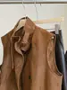 Chaleco de moda vintage de gamuza con cuello alto de doble botonadura para mujer, nuevo estilo otoño e invierno, holgado y versátil, adecuado para usar en capas