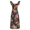 Vestido Elegante Slim-Fit com Estampa Floral Retrô Estilo Francês, Babados, Ajuste na Cintura e Fenda - Lançamento Outono 2025