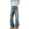 Jeans de hombre American cleanfit desgastados con estampado de relámpagos corte inclinado marca trendy vibe high street guapo pícaro ligeramente acampanados pantalones largos