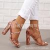 En stock, nuevas sandalias de tacón grueso bordadas de talla grande de moda europea y americana para mujer, sandalias de tacón alto con hebilla de comercio exterior para mujer