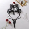 Moda Transfronteiriça Europeia e Americana Patchwork de Couro PU Malha Transparente Design Vazado Modelagem Corporal de Três Pontos Body Sexy com Cadarço
