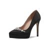 Zapatos de Tacón Alto Negros Impermeables Sexys y Elegantes para Mujer con Pedrería en Forma de V, Punta Fina, Tacón Delgado y Zapatos de Una Sola Pieza Cómodos