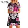 Vestido Estampado Digital 3D de Calavera y Rosa para Halloween 2024 Transfronterizo Verano Manga Corta Mini Vestido de Línea A para Mujer