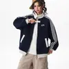 Sudadera deportiva estilo patchwork americano para hombre y mujer, chaqueta casual de moda de otoño, chaqueta de béisbol a rayas con cuello alto de alta costura