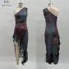 Estilo Europeo y Americano Transfronterizo 2026 Nuevo Retro Estampado Patchwork Asimétrico Vestido Largo Ajustado Vestido con Abertura Alta