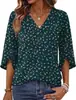 Blusa feminina decote V com fenda e mangas sino, modelagem solta, fluida, camiseta de manga três quartos, atacado de roupas casuais femininas estilo europeu e americano transfronteiriço