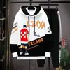 Sudadera de Otoño para Hombre de Manga Larga Estampada con Empalmes Pulóver Marca de Moda Atractivo con Capucha Traje Holgado Tops Juveniles