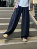 Calça Larga de Cintura Alta Azul Escuro Texturizada para Mulheres, Calça Longa Solta de Algodão e Linho Fina para o Verão, Calça de Comprimento Total