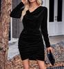 Moda feminina transfronteiriça novo elegante cor sólida gola evasê manga longa veludo em pó vestido vestido feminino