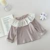 INS Primavera y Otoño Camiseta de Manga Larga con Hoyuelos para Bebé Niña Cuello Grande de Loto Top de Bloques de Color