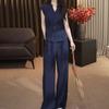 Conjunto de Duas Peças Feminino de Verão Novo, High-End de Luxo, Design Slim-Fit, Top Simples e Versátil com Calça Wide-Leg